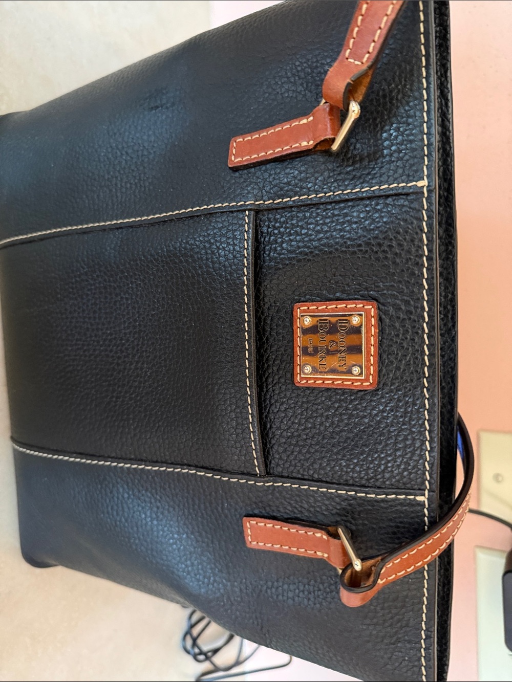 Dooney & Bourke Black Pebbled Leather Messenger Bag with Brown Trim